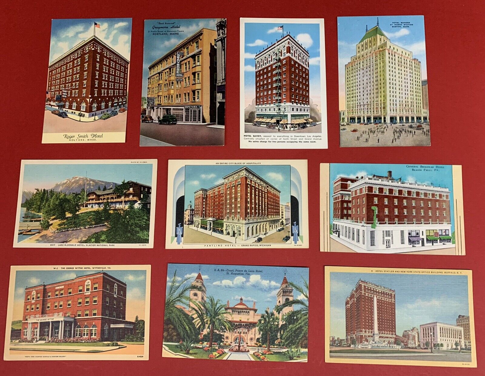 U.S. Hotels, Lot of 10  Different Postcards, Circa 1930's-1940's, Unused