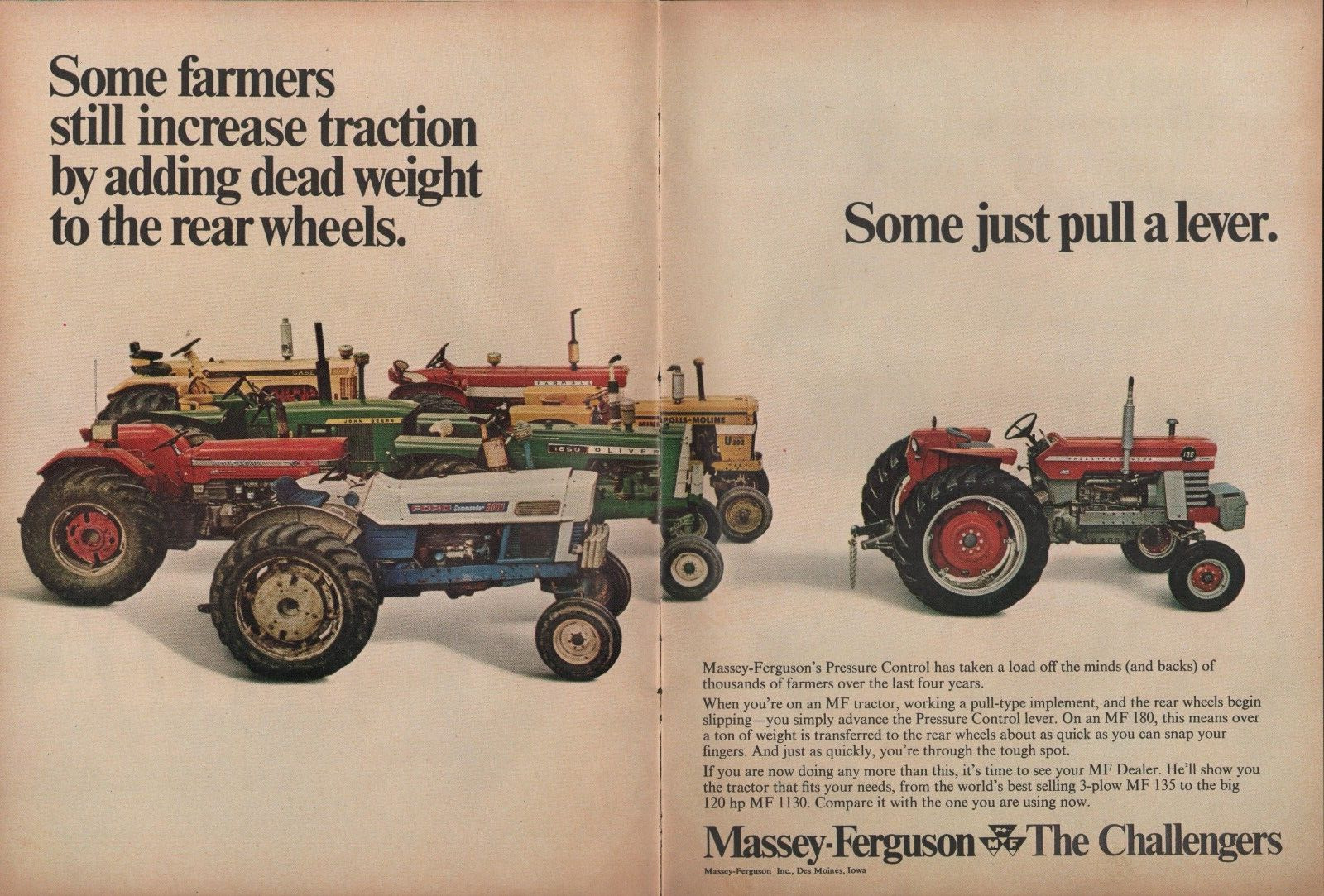 1969 2pg Print Ad of Massey Ferguson MF 180 Tractor Oliver 1650 MM U302 IH Deere