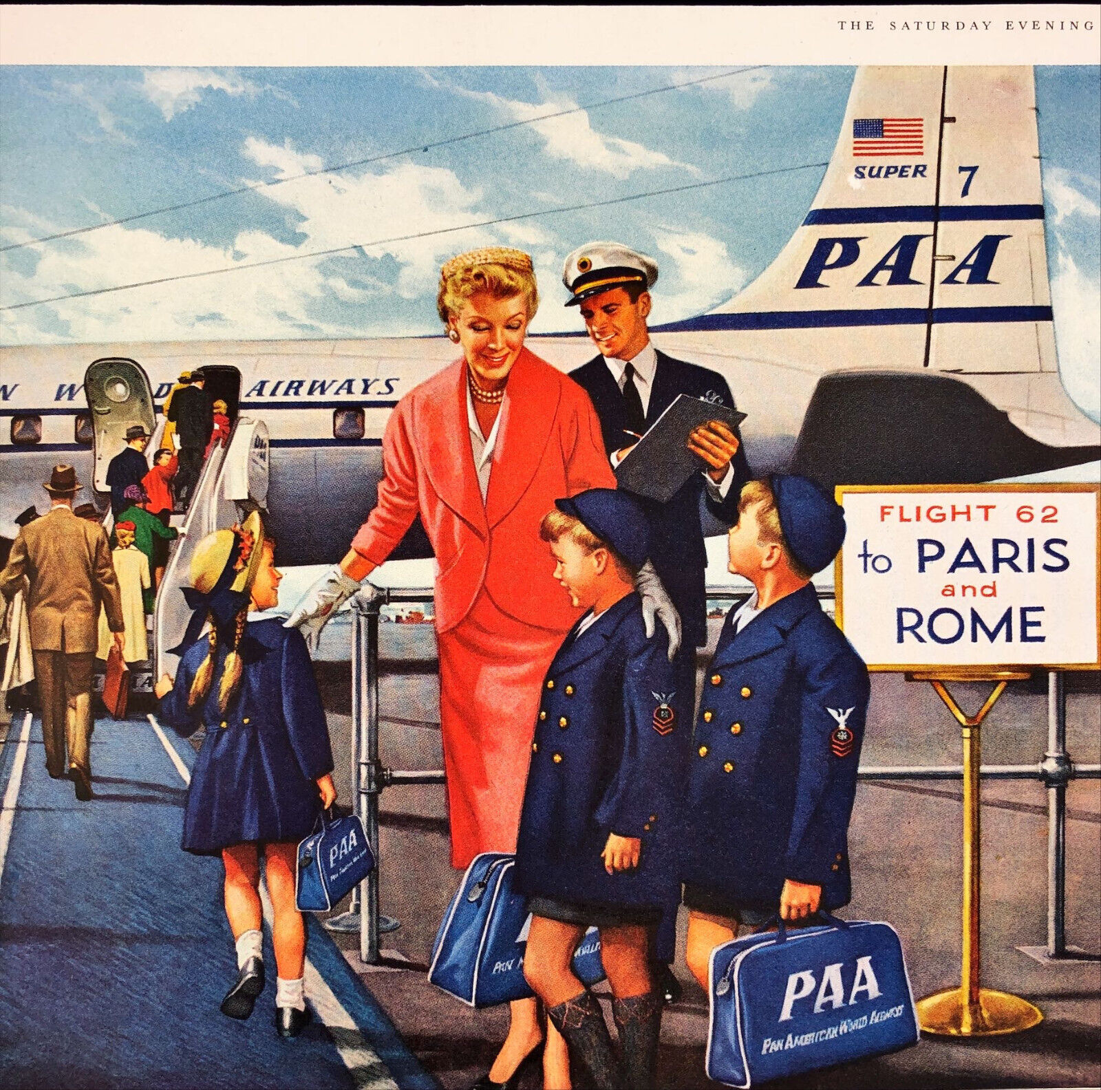 1955 Pan American Vintage Print Ad Mom & Children in Military Jackets