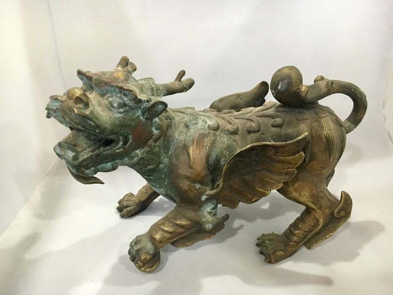Chinese Temple Guardian Dragon Lion Statue, LARGE Antique with Wings, Oriental