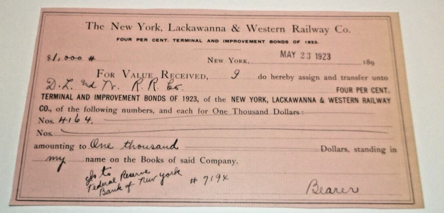 MAY 1923 NEW YORK LACKAWANNA & WESTERN RAILWAY DL&W BOND TRANSFER FORM