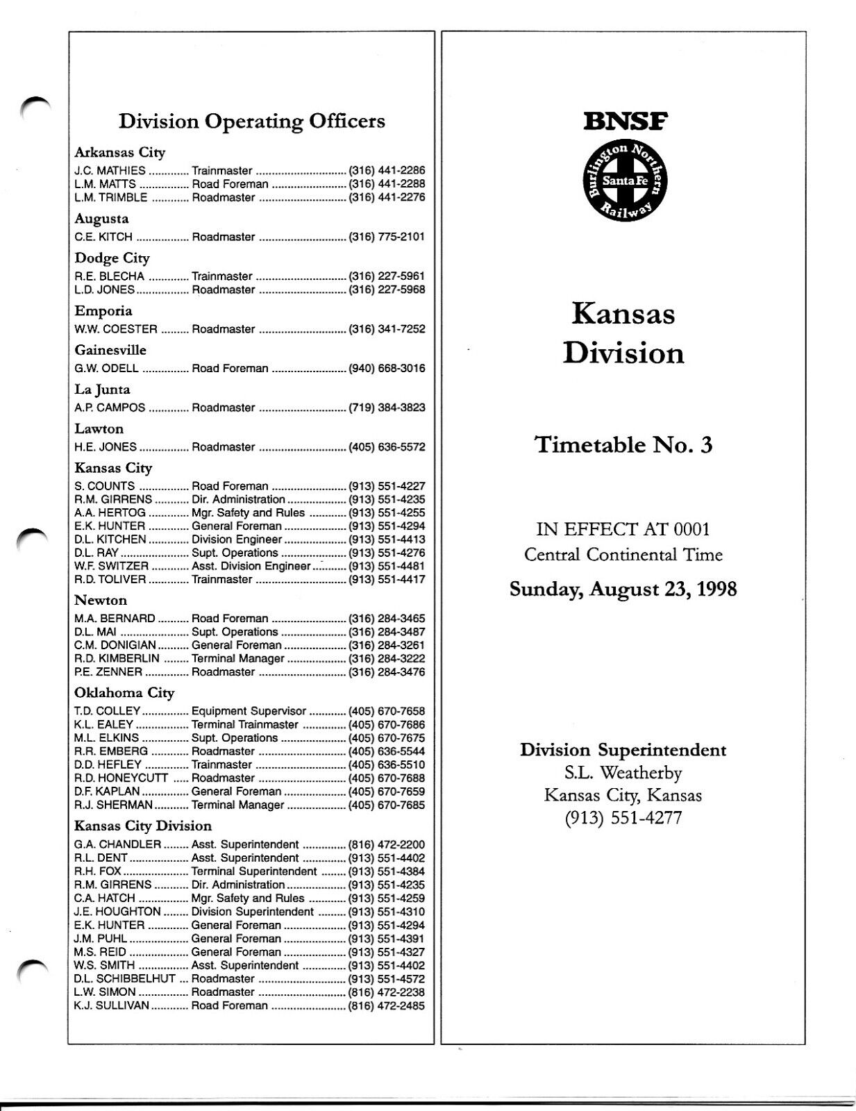 BURLINGTON NORTHERN SANTA FE KANSAS DIVISION TIMETABLE #3 AUGUST 23, 1998 BNSF