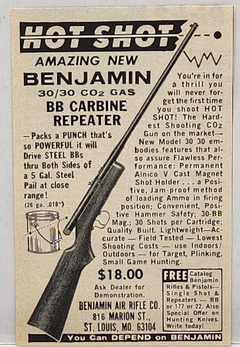 1965 Benjamin Air Rifle Hot Shot BB Carbine Repeater Hunting Print Ad St Louis