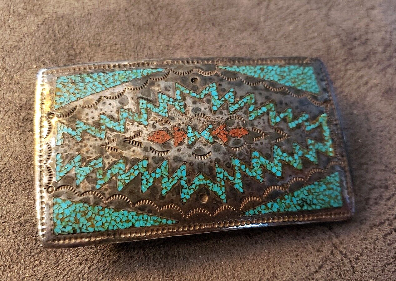 Vintage Turquoise & Coral Sterling Silver Belt Buckle - Native American