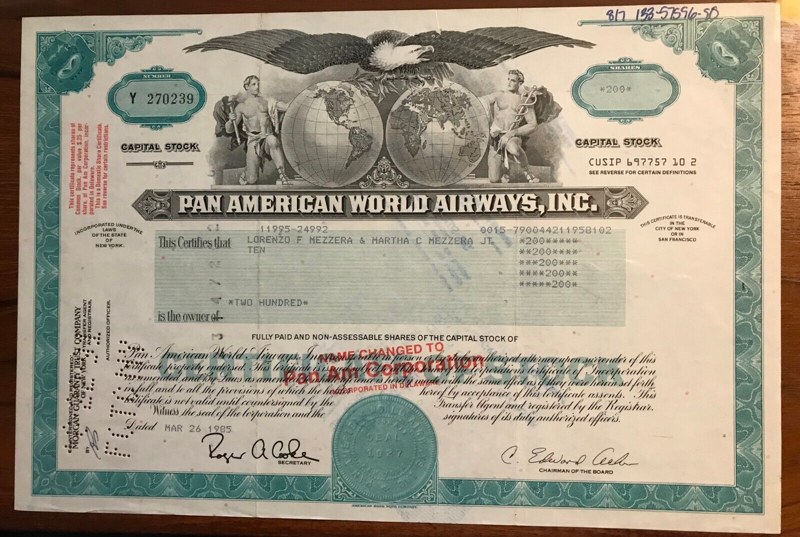 Pan Am Pan American World Airways Stock Certificate (Aqua)
