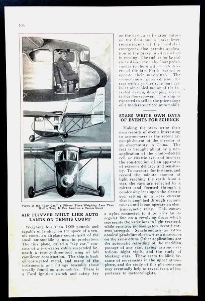 Stout Skycar 1931 pictorial “Air Flivver Built Like Auto Lands on Tennis Court”