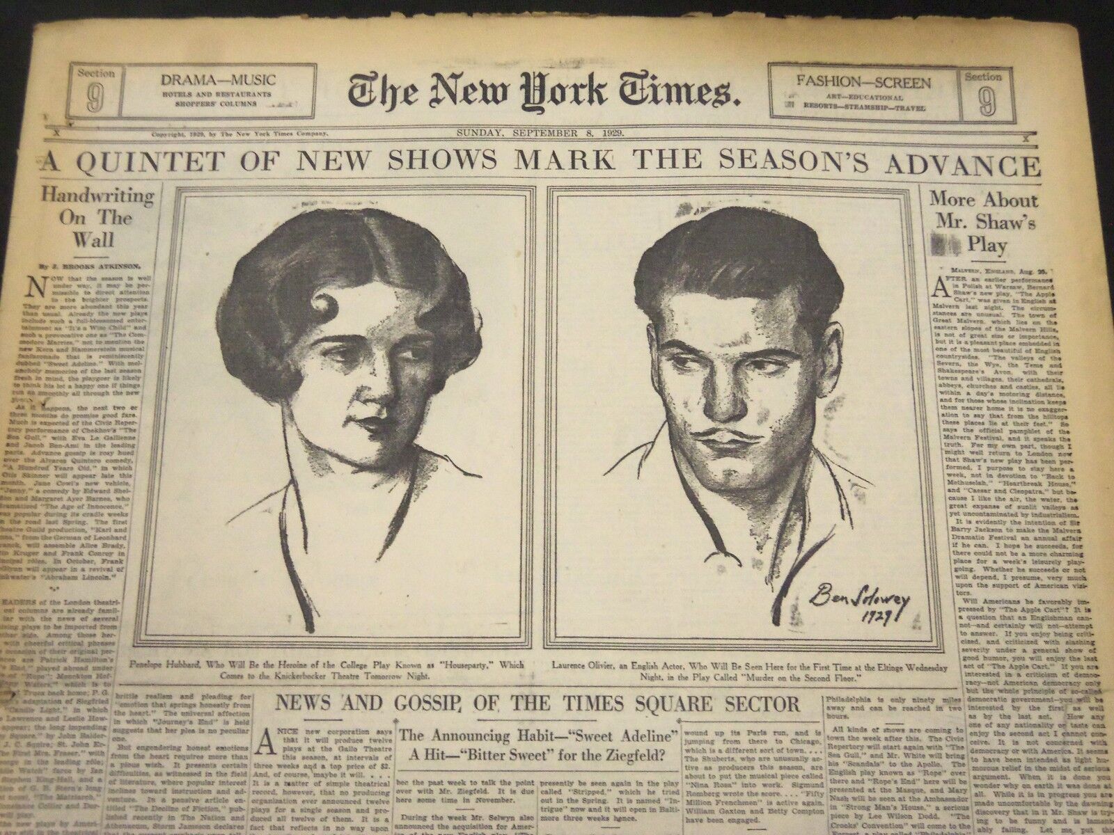 1929 SEP 8 NEW YORK TIMES - LAURENCE OLIVIER IN MURDER ON THE 2ND FLOOR- NT 5286