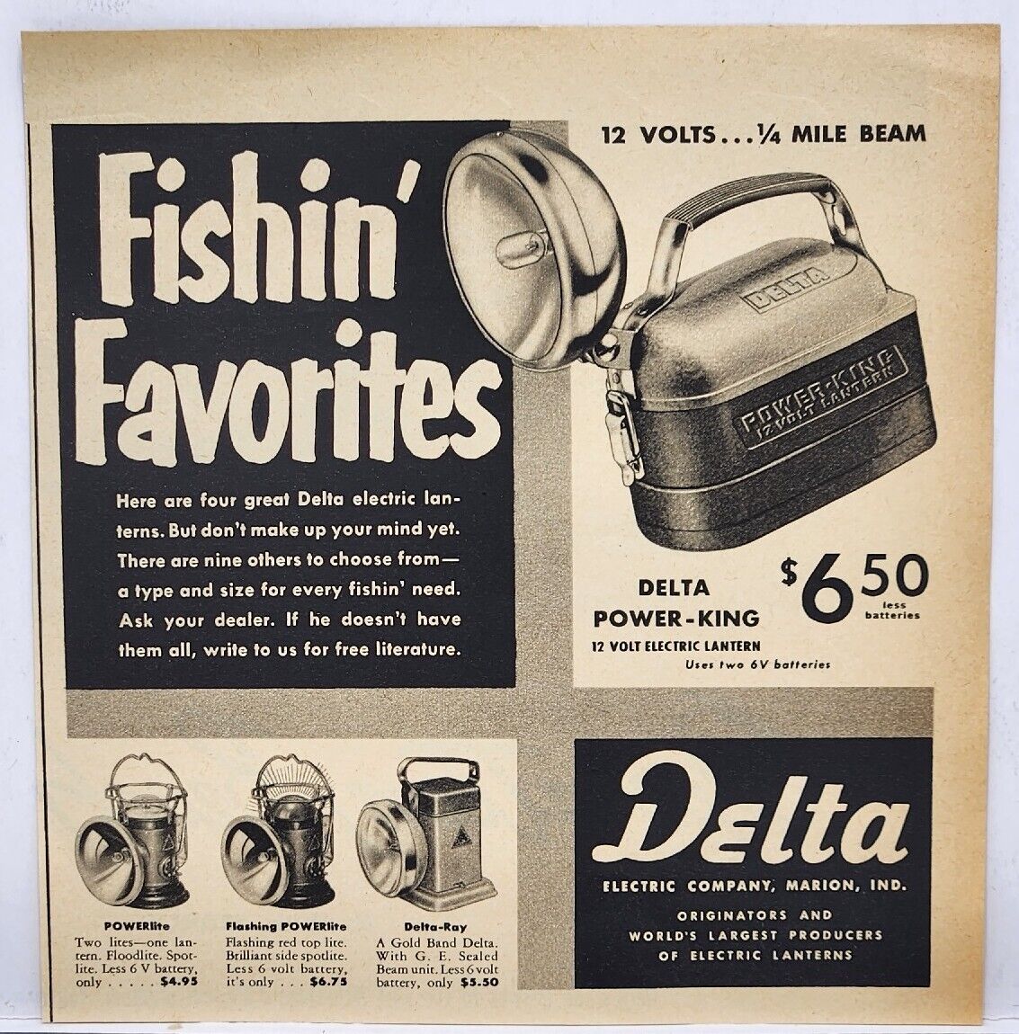 1954 Delta Electric Fishing Lanterns Power King Powerlite Print Ad