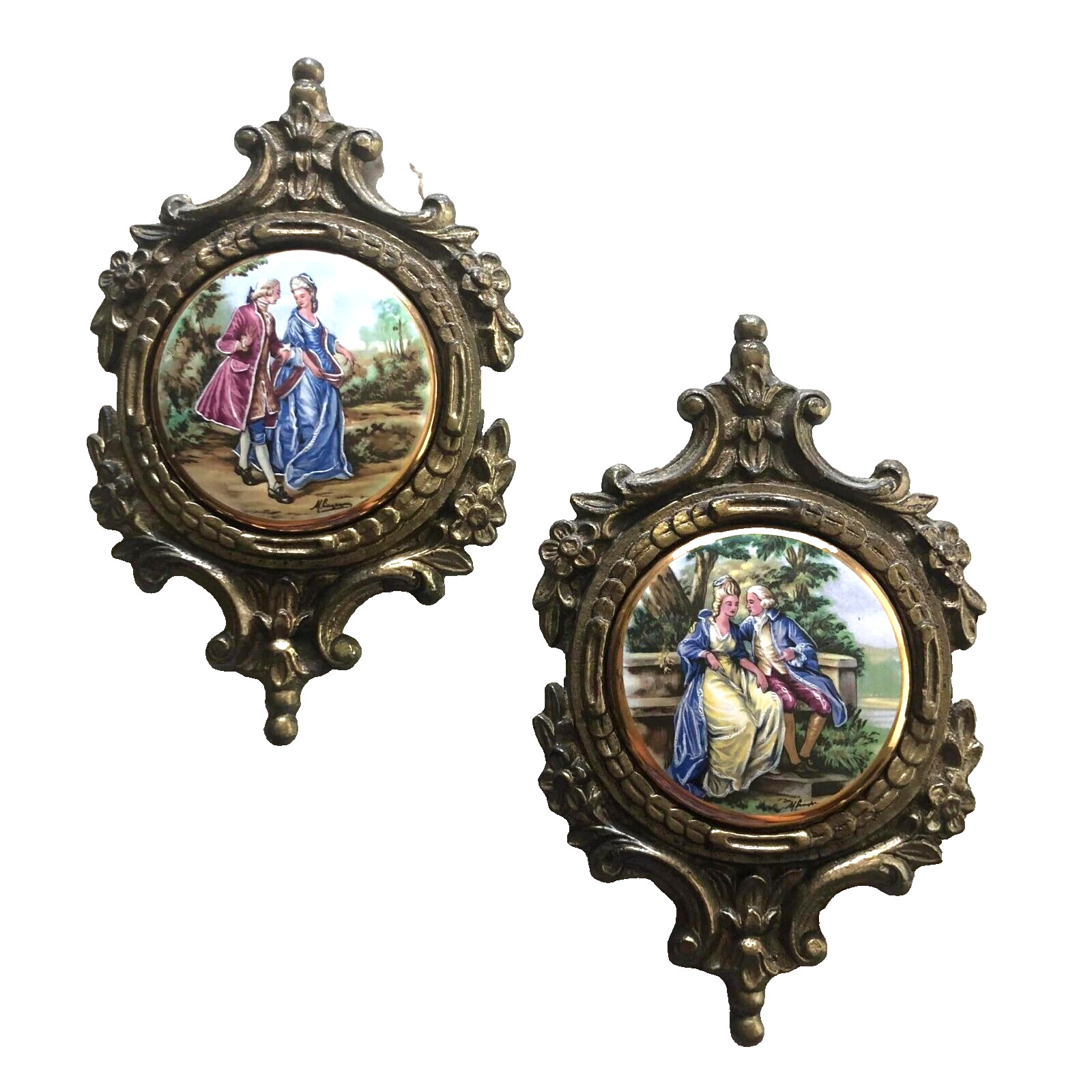 Set of 2 Romantic Hand Painted Scenes / Gold Edges in a Heavy Metal Wall Hanger