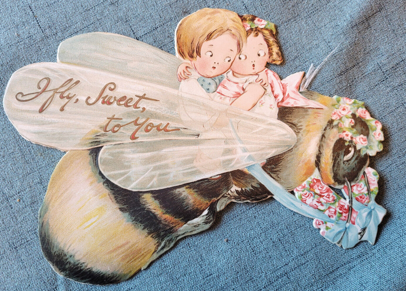 Tucks Booklet/Card Children Riding a Bee I Fly Sweet To You Silk Antennae 1890\'s