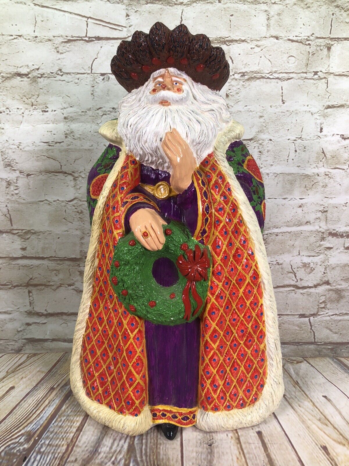 vtg Hand Painted LARGE 15'' tall Ceramic Olde World Santa Wreath Figurine