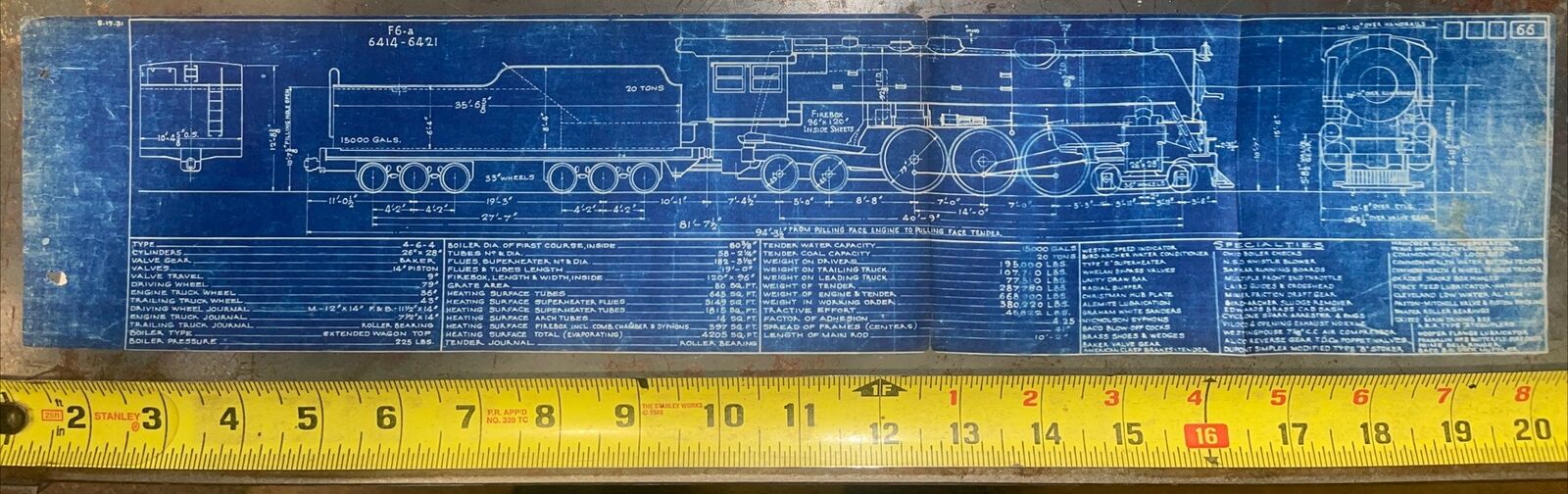 Vintage 1931  4-6-4  Engine Locomotive Blueprint