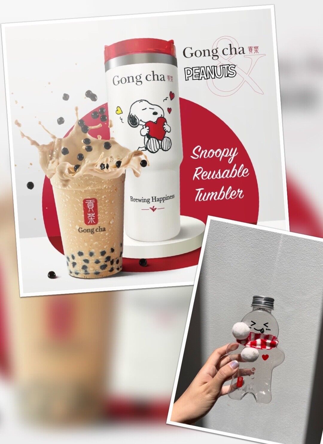 [ BUY 1 Get 1 FREE ] Buy WHITE Snoopy X Gong Cha TUMBLER Get Ginger Bread Bottle