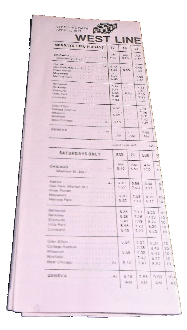 APRIL 1977 C&NW CHICAGO AND NORTHWESTERN SUBURBAN WEST LINE PUBLIC TIMETABLE