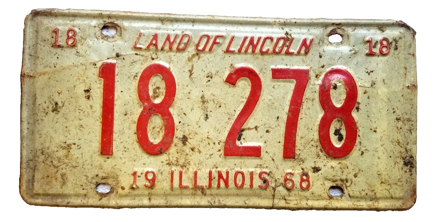 1968 Illinois Land of Lincoln Red White Metal Expired License Plate 18 278 VTG
