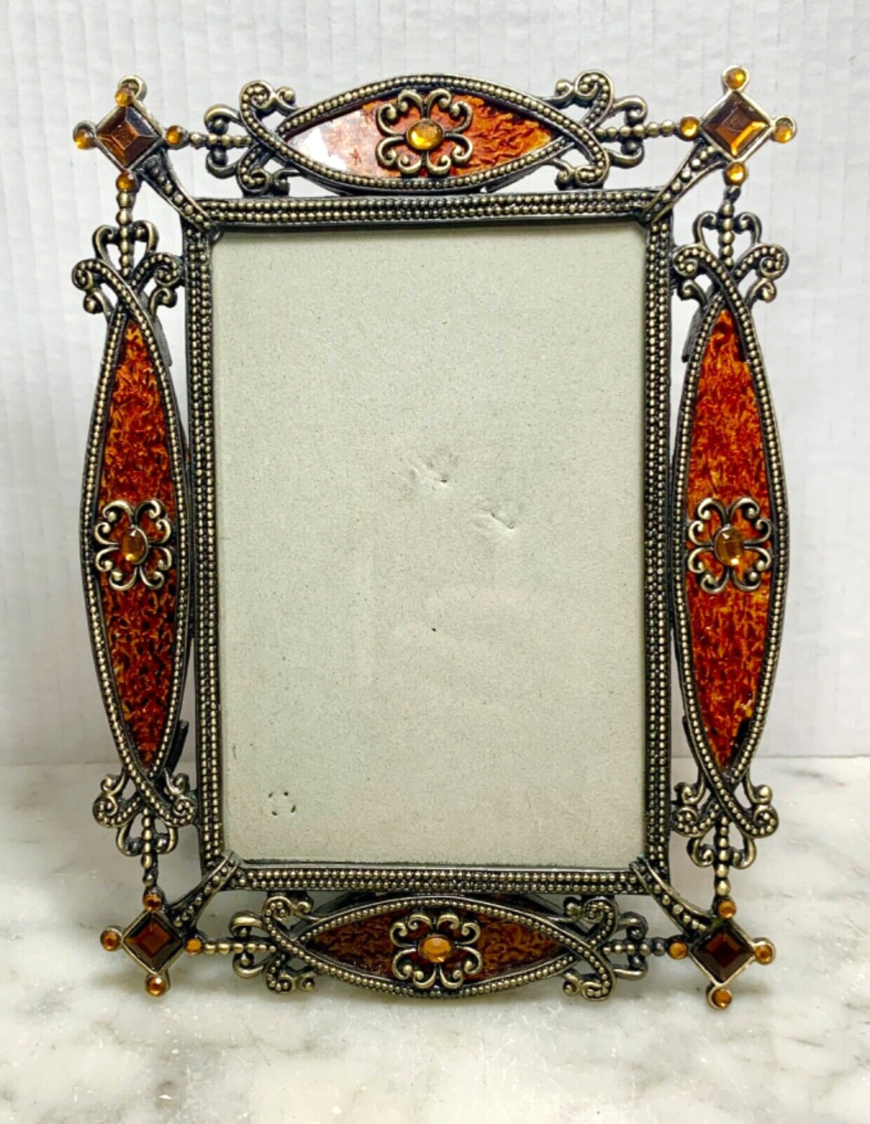 Amber Picture Frame 6x8”Rhinestones Art Deco Look Glass and Metal Ornate Vintage