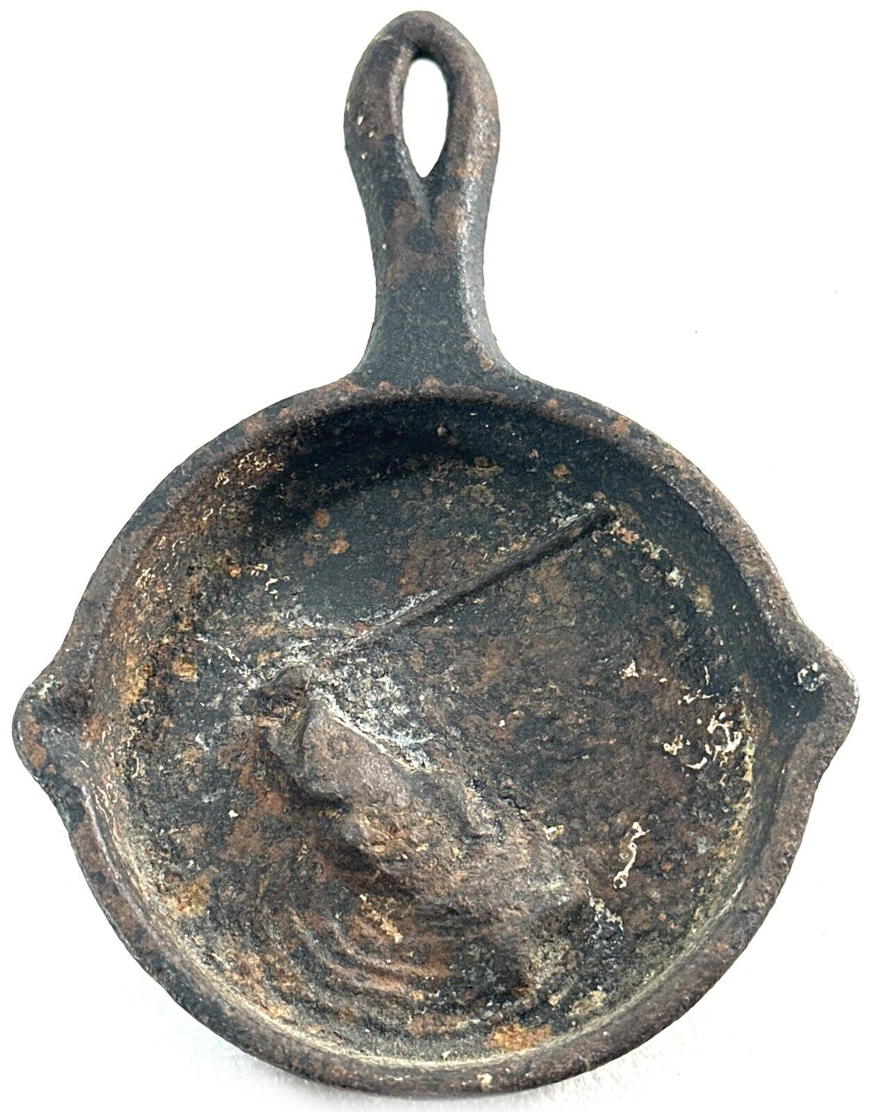 Vintage Miniature Cast Iron 3 Leg Skillet With 3D Fish In Pan