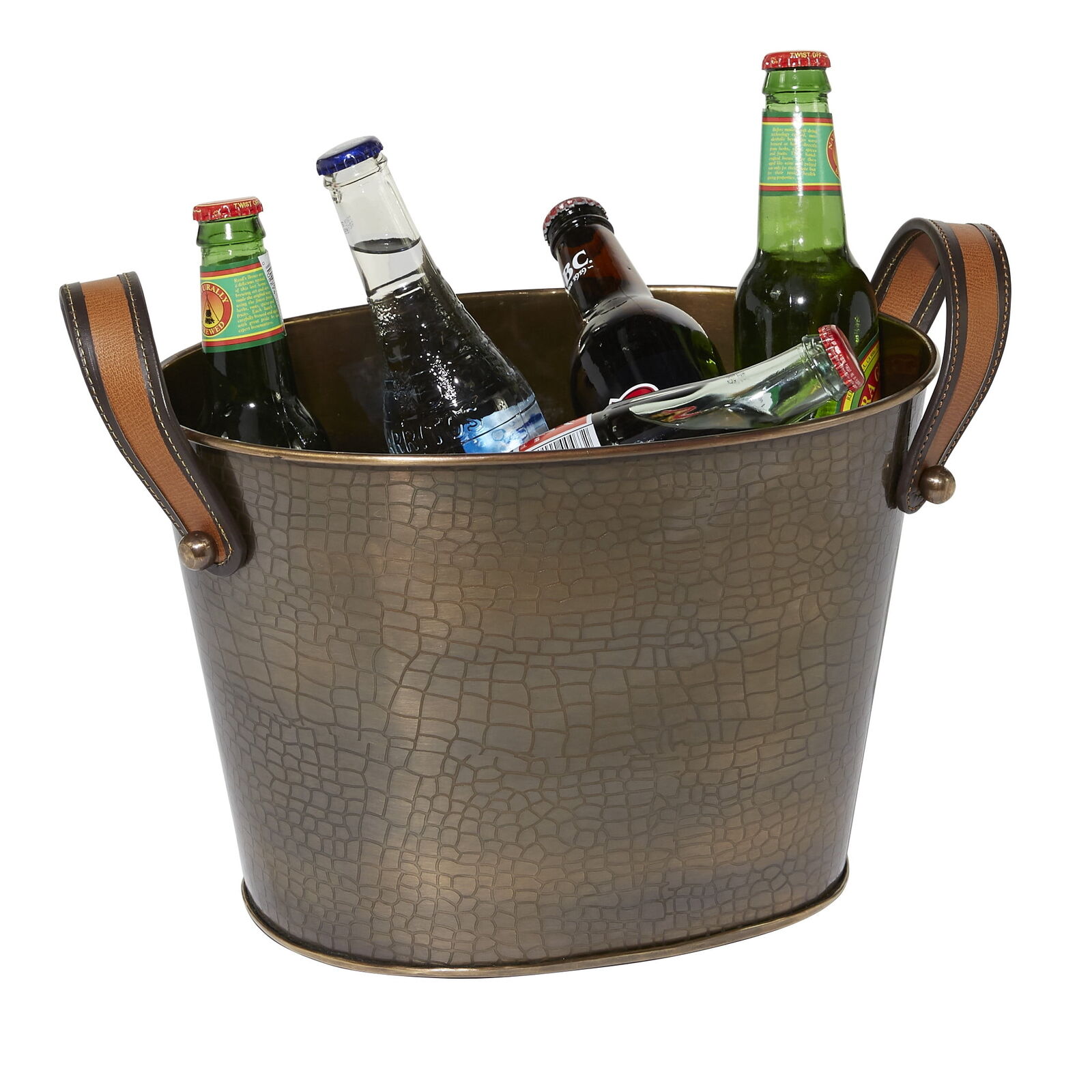 DecMode Oval Metal 6 Bottles Bronze Ice Bucket with Leather Strap Handles