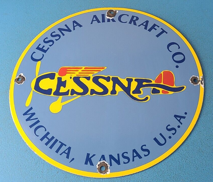 Vintage Cessna Aircraft Sign - Aviation Gas Pump Airplane Hangar Porcelain Sign