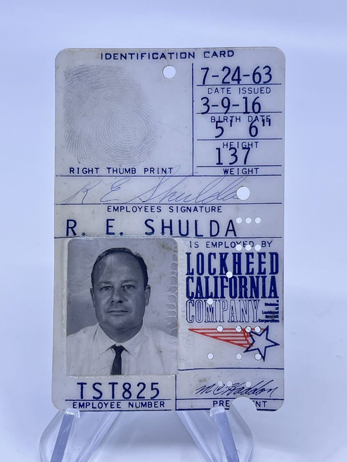 Lockheed Aircraft Co. Aerospace Photo ID Badge Fingerprint Signed Punched 1963