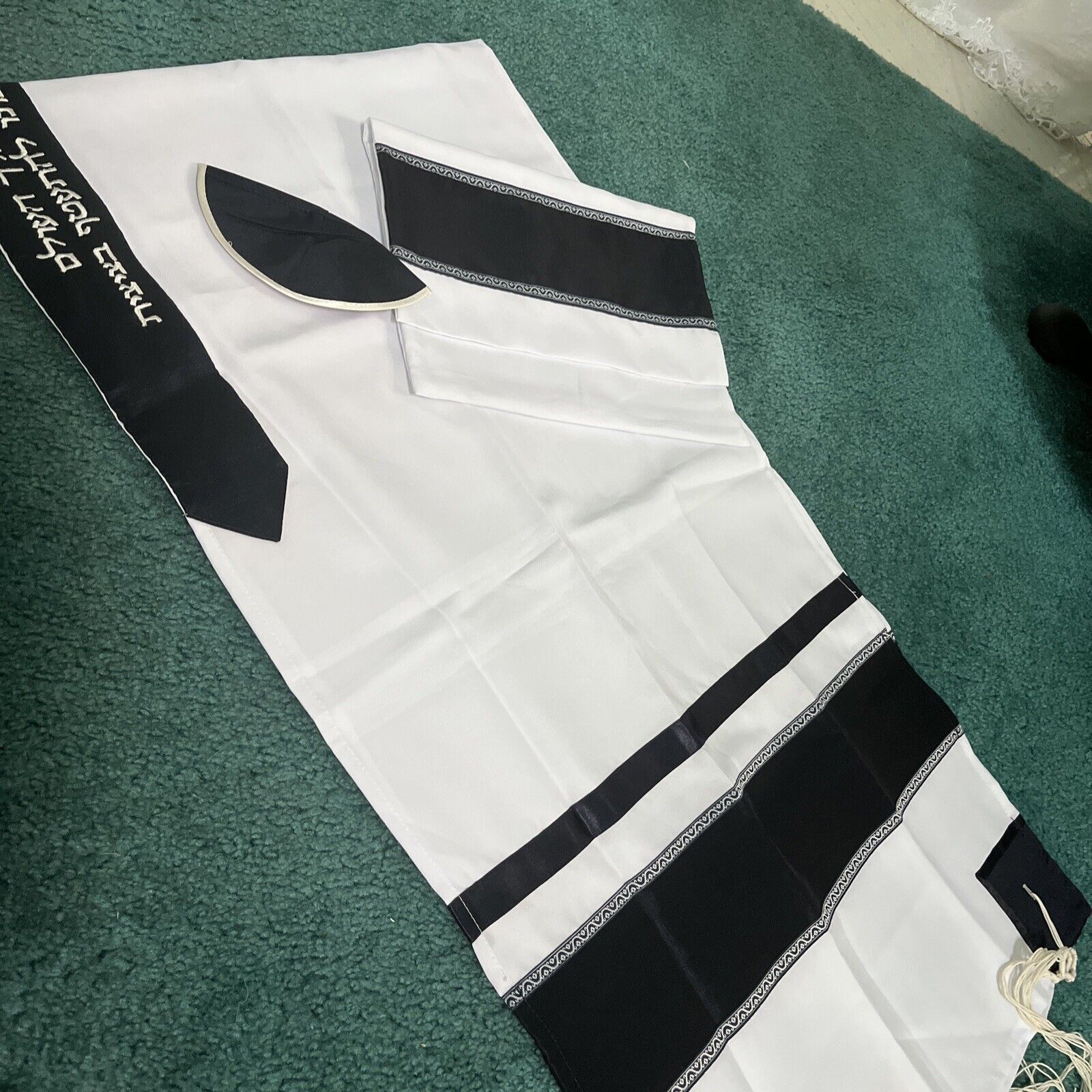 Tallit prayer shawl Galilee silk Polyester 20 X 72 Black Stripes w/ Bag & Kippah