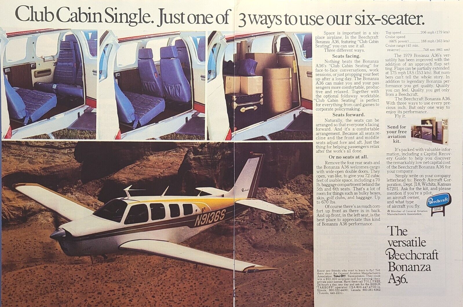 Beechcraft Bonanza A36 Six Seater Club Cabin Wichita KS Vintage Print Ad 1979