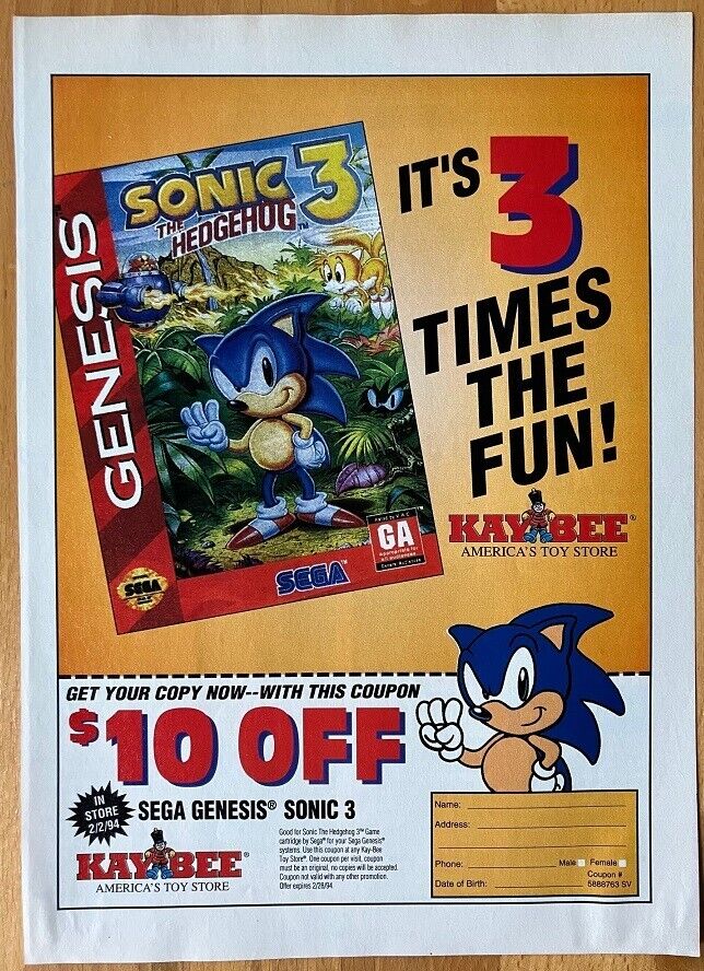 1994 Sonic the Hedgehog 3 Vintage Print Ad/Poster Original Art Kay Bee Toy Store