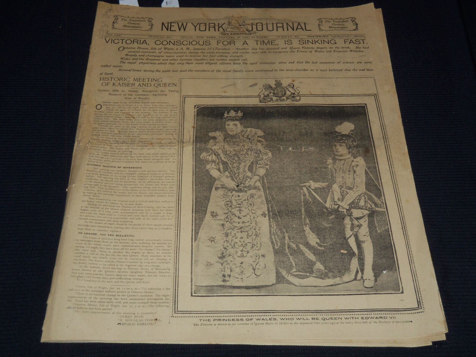 1901 JANUARY 22 NEW YORK JOURNAL NEWSPAPER - VICTORIA SINKING FAST - NT 9441