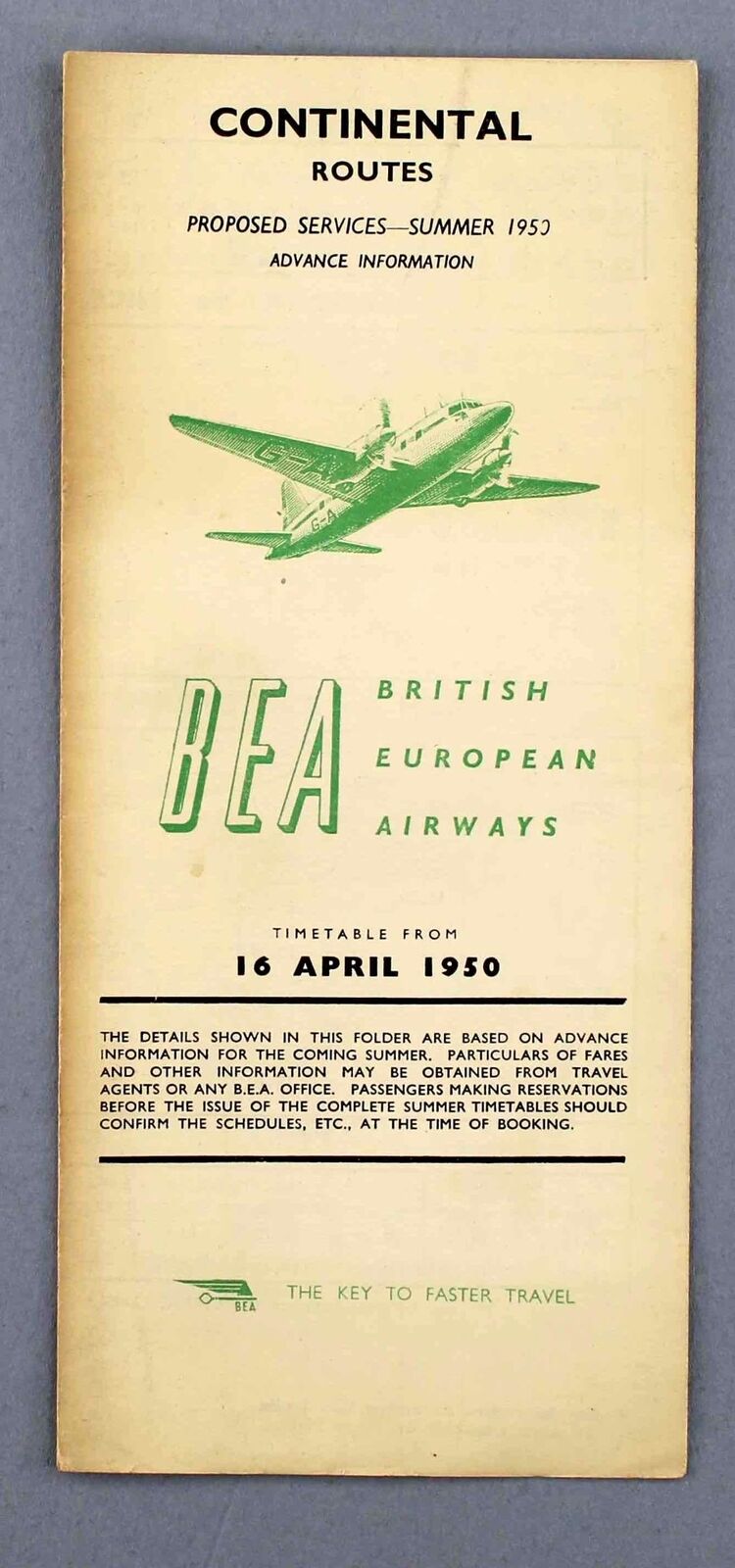 BEA BRITISH EUROPEAN AIRWAYS ADVANCE TIMETABLE CONTINENTAL ROUTES APRIL 1950
