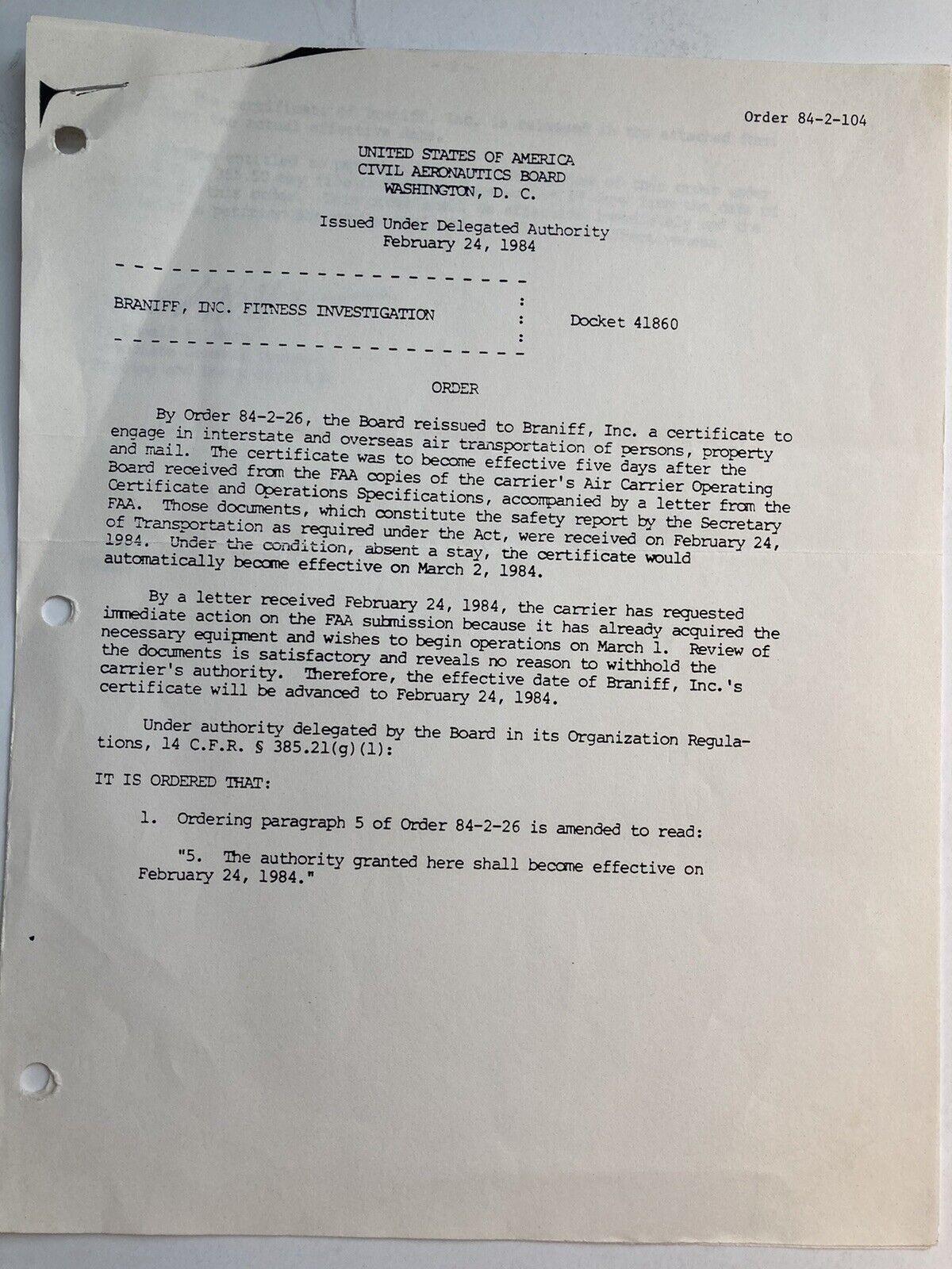 Braniff International Airlines 1980’s Original Document Docket 41860