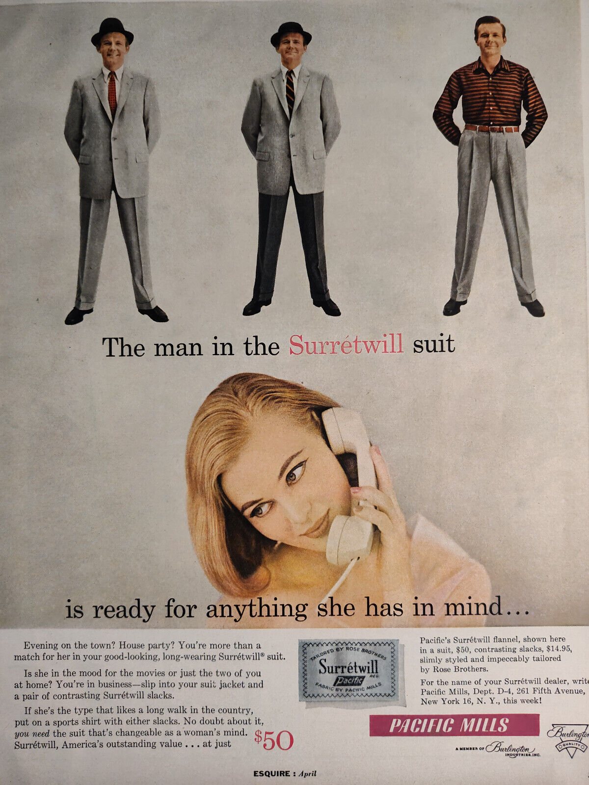 1956 Esquire Original Art Advertisements PACIFIC Mills BUDWEISER King of Beers