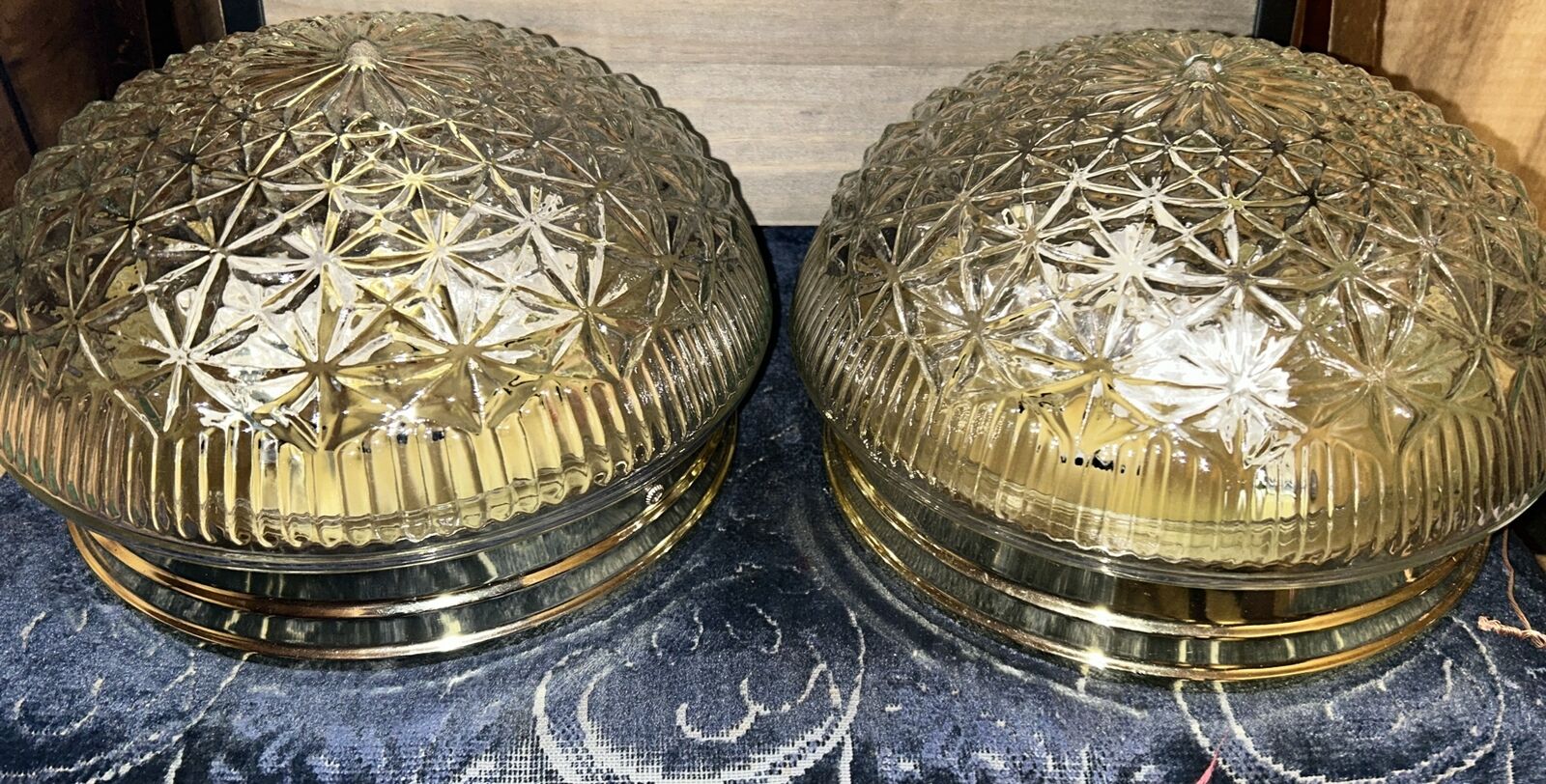 Two 1950s Art Deco MCM Coin Light Fixture Flush Mount Brass Volume Pricing Nice