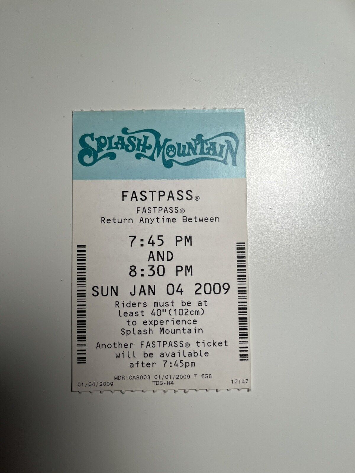 2009 1/4/09 Disney Splash Mountain Fastpass Collector Card Expired 7:45-8:30