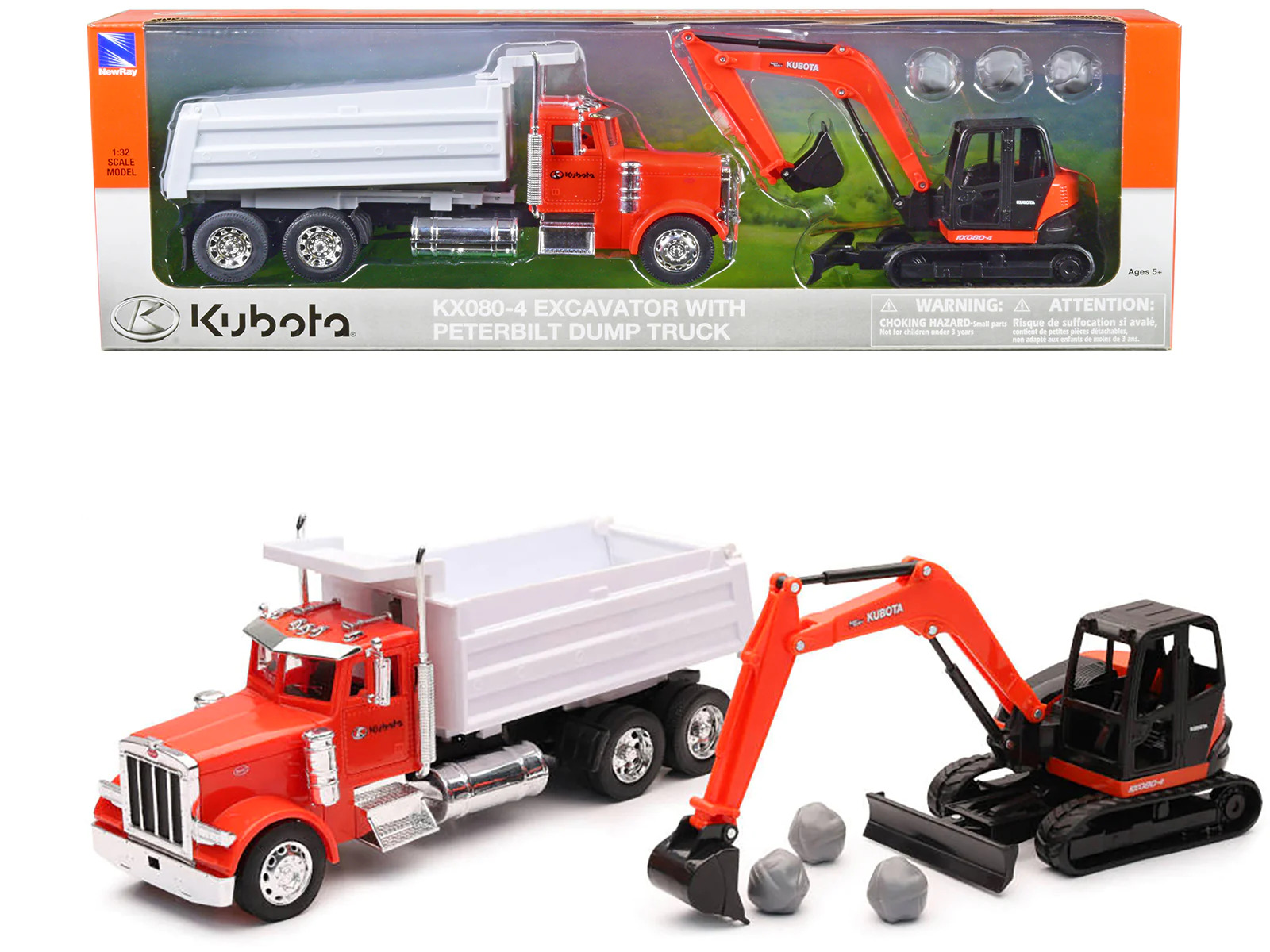 Peterbilt Dump Truck and Kubota KX080- Excavator with Rocks 1/32 Diecast Model