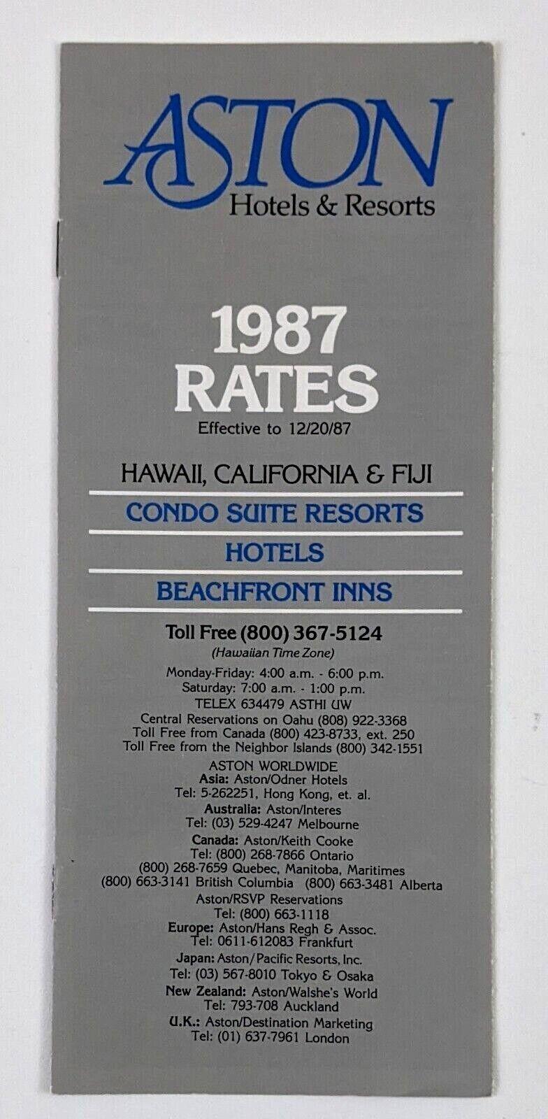 1987 Aston Hotels Resorts Rates Hawaii California Fiji Vintage Travel Brochure 