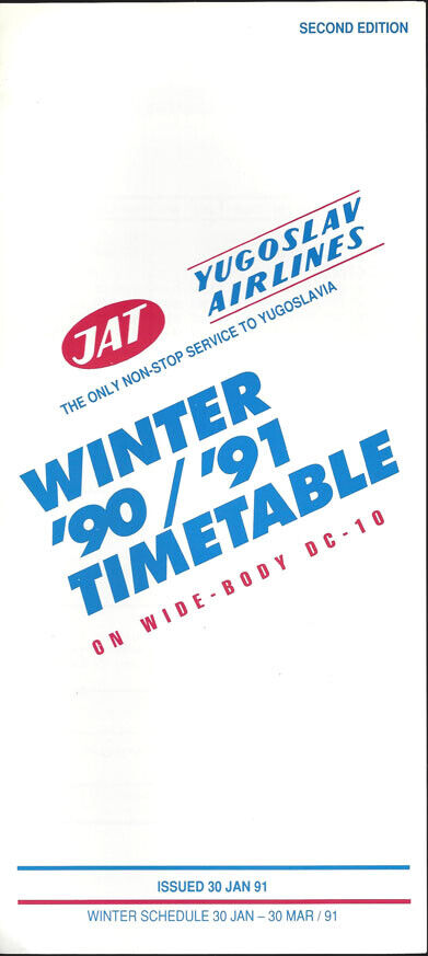 JAT Yugoslav Airlines US timetable 1/30/91 [2102] Buy 4+ save 50%