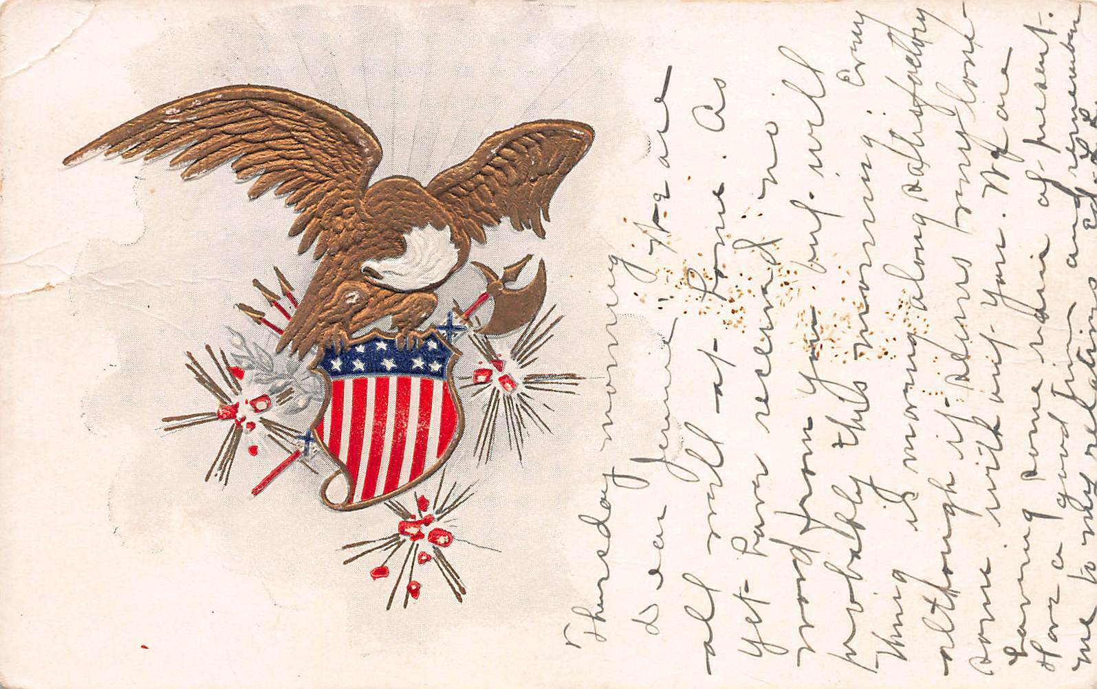 Gold Bald Eagle and Red White and Blue Shield, 1908 Embossed Postcard, Used 