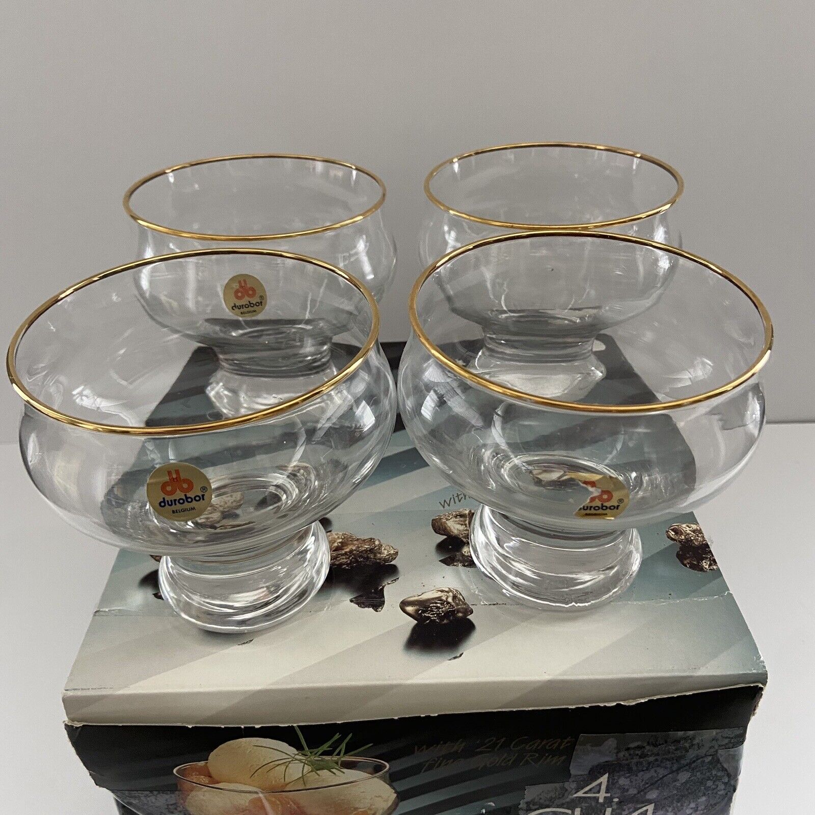 Vintage Durobor Eva Glass 21 Karat Gold Rim Sherbet Dessert Rare Belgium MCM