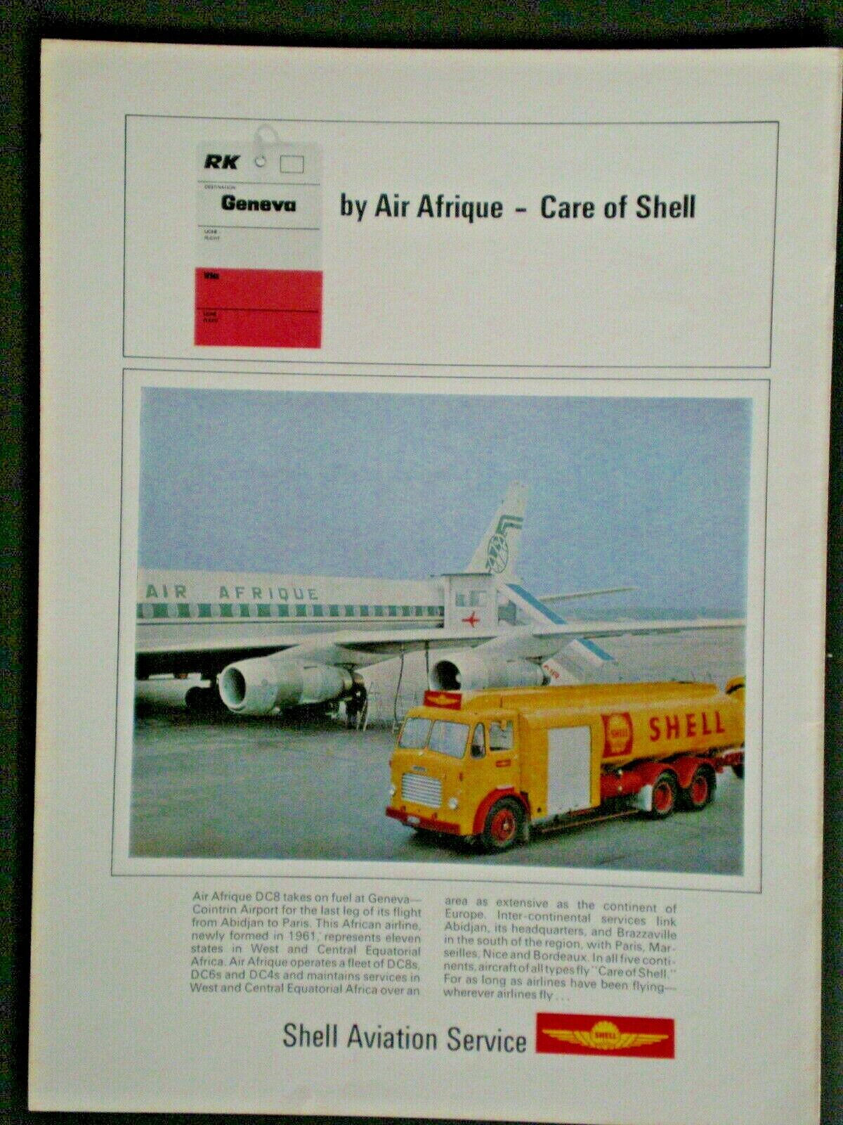 1965 AIR AFRIQUE DC8 PLANE GENEVA COINTRIN AIRPORT photo Shell Aviation Oil ad