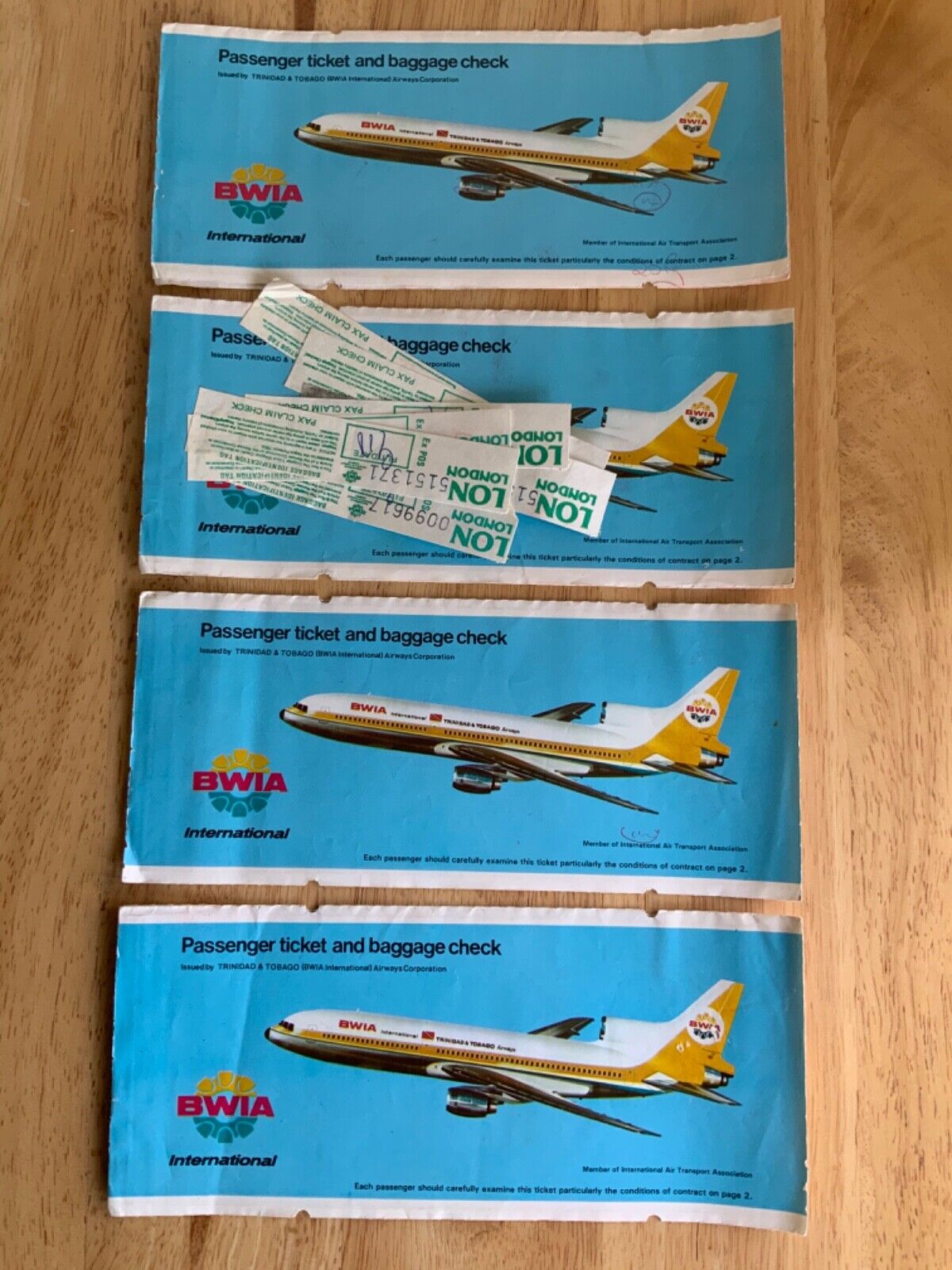 RARE 1980s-4 CONSECUTIVE-BWIA-AIRLINE-PASSENGER TICKETS-TRINIDAD-TOBAGO-AVIATION