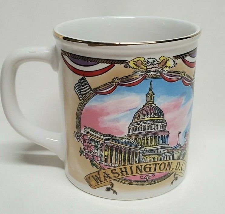 Washington D.C. Capitol Building Souvenir State Coffee Mug VTG Watercolor Gold