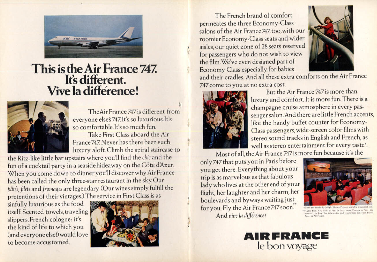 It\'s different. Vive la difference Air France Boeing 747 ad 1970 NY