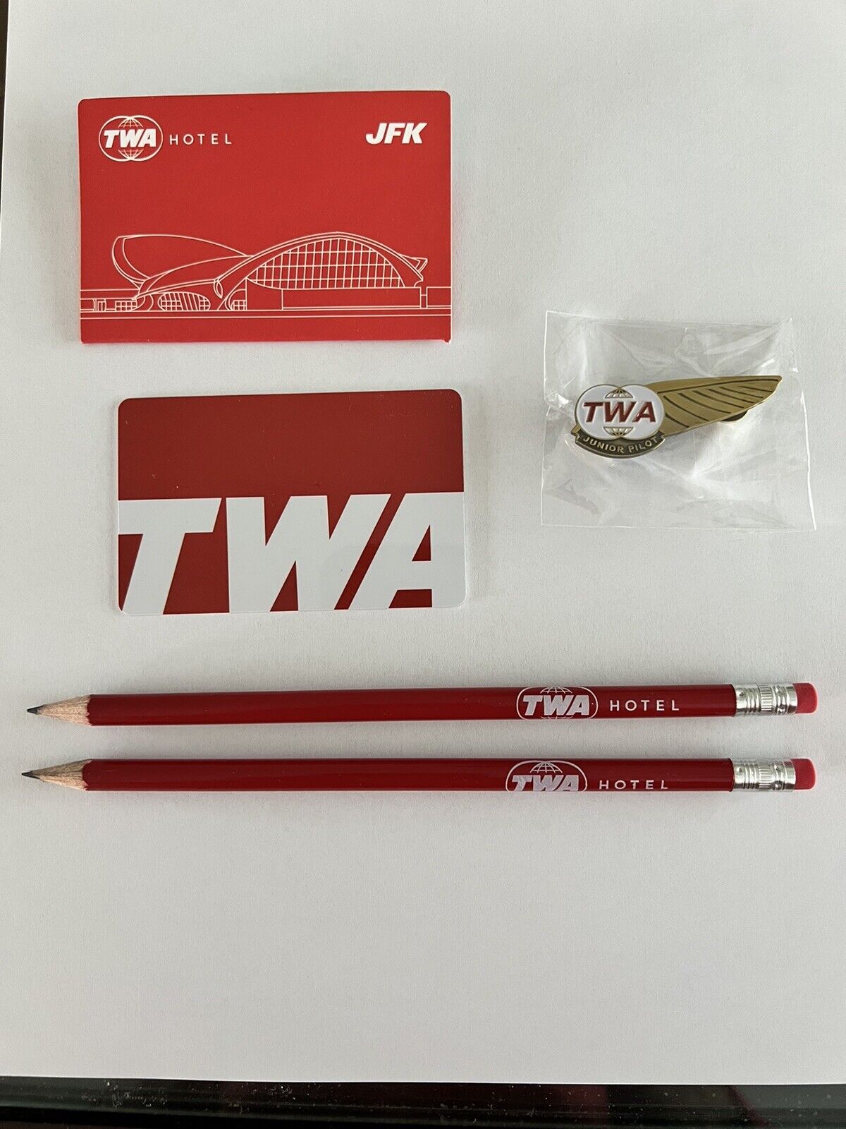 TWA Keycard And Key, Two TWA Pencils And A Gold Metal TWA “Junior Pilot” Wings