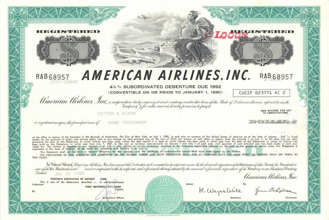 American Airlines, Inc. - 1960\'s-70\'s dated Commercial Airlines Carrier Bond - V