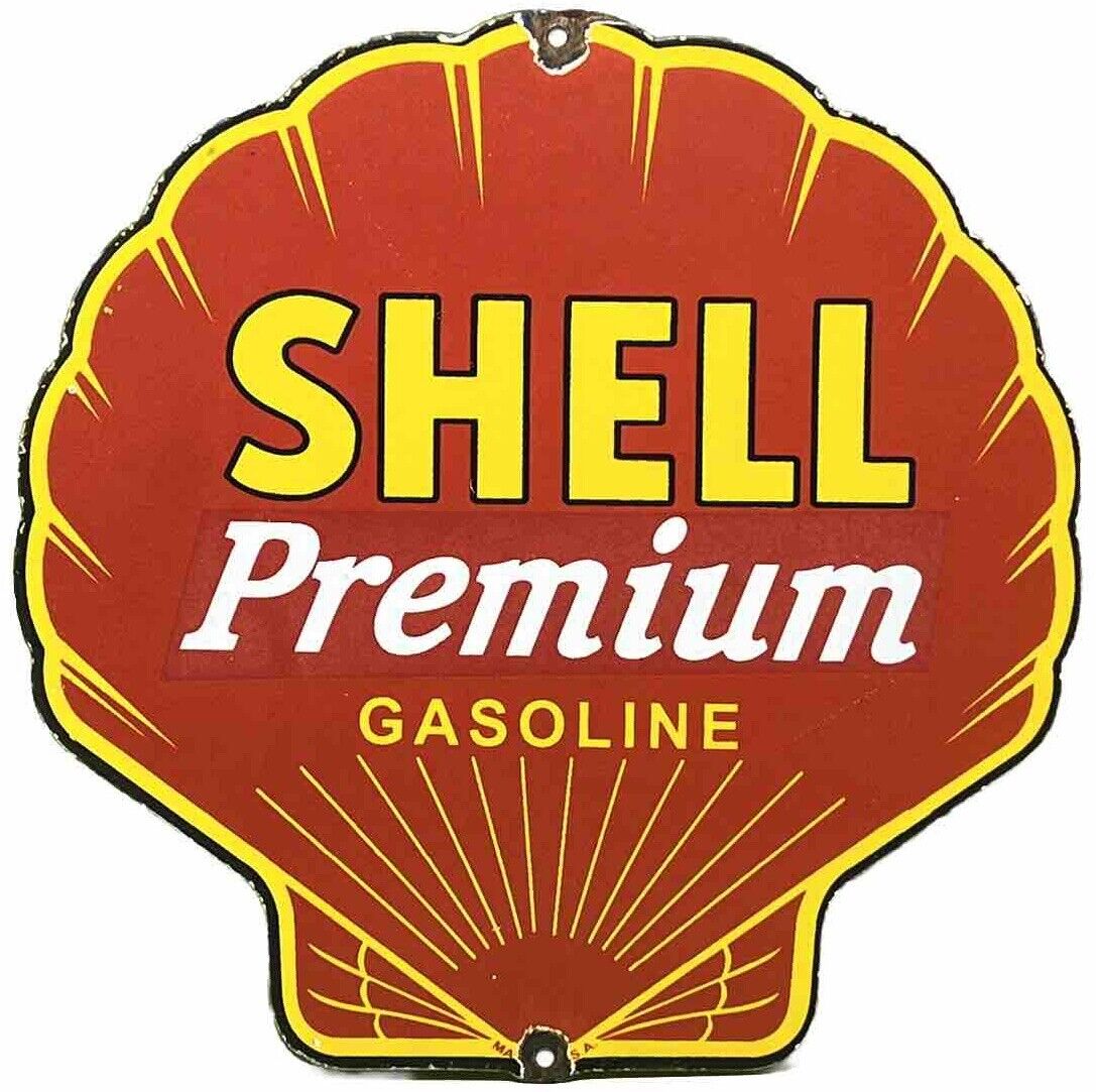 VINTAGE SHELL PREMIUM GASOLINE PORCELAIN SIGN GAS STATION PUMP PLATE MOTOR OIL