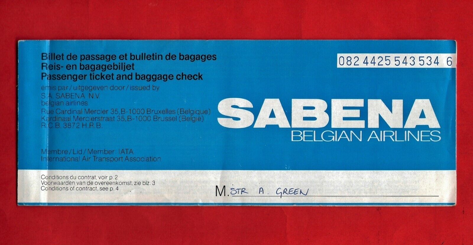 Sabena Belgian World Airlines ~ Vintage Ticket - London Brussels Kinshasa - 1985