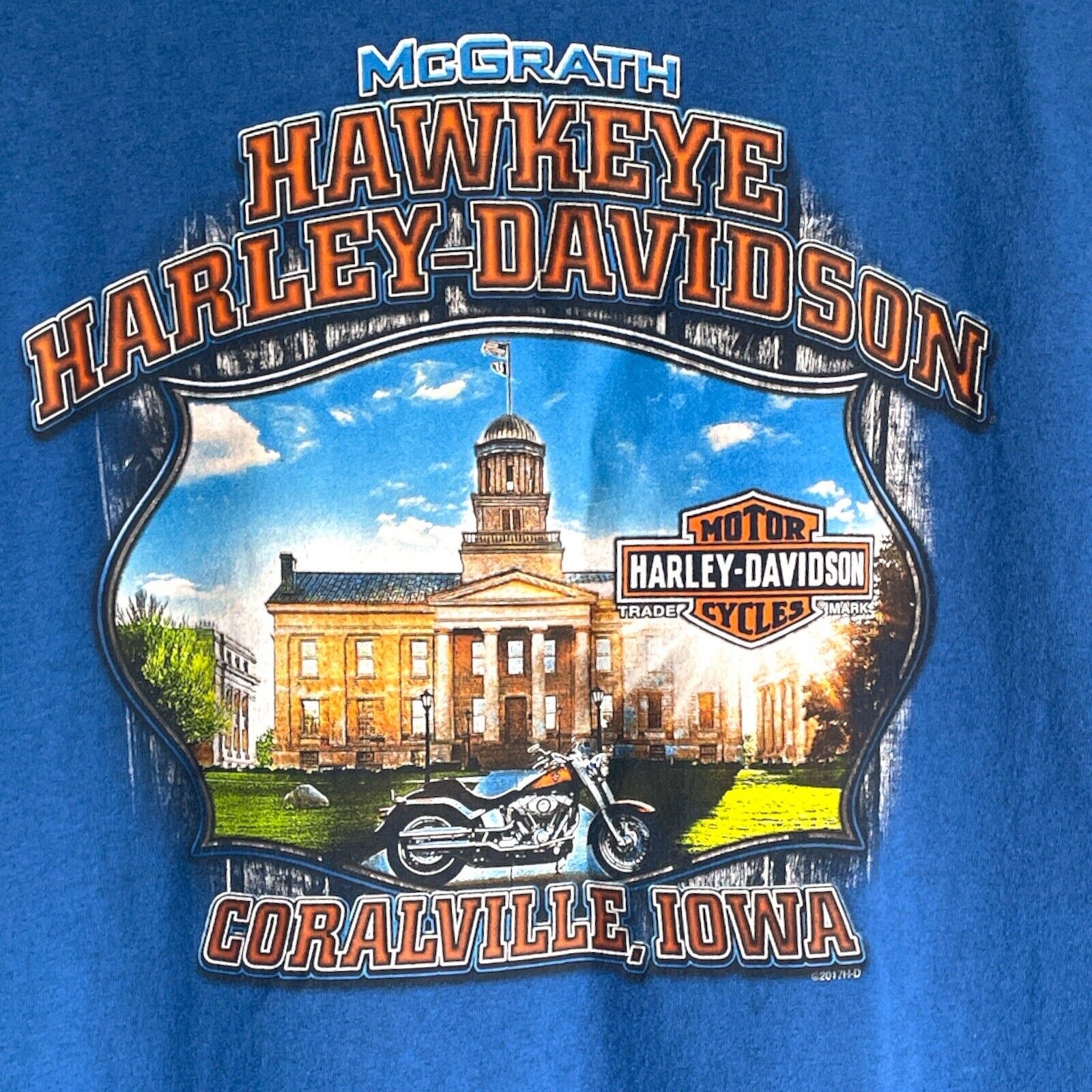 Harley Davidson Motorcycles Blue T-Shirt Men’s XL Hawkeye Coralville Iowa