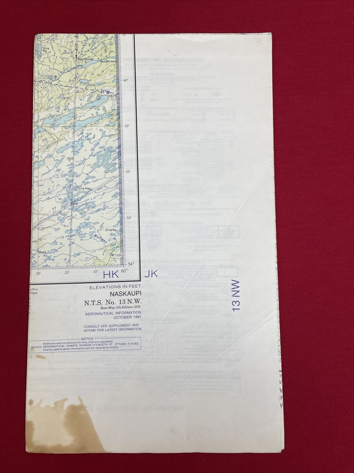 Vintage 1981 CANADA Aeronautical Chart Aerial Map NASKAUPI N.T.S. #13 N.W.