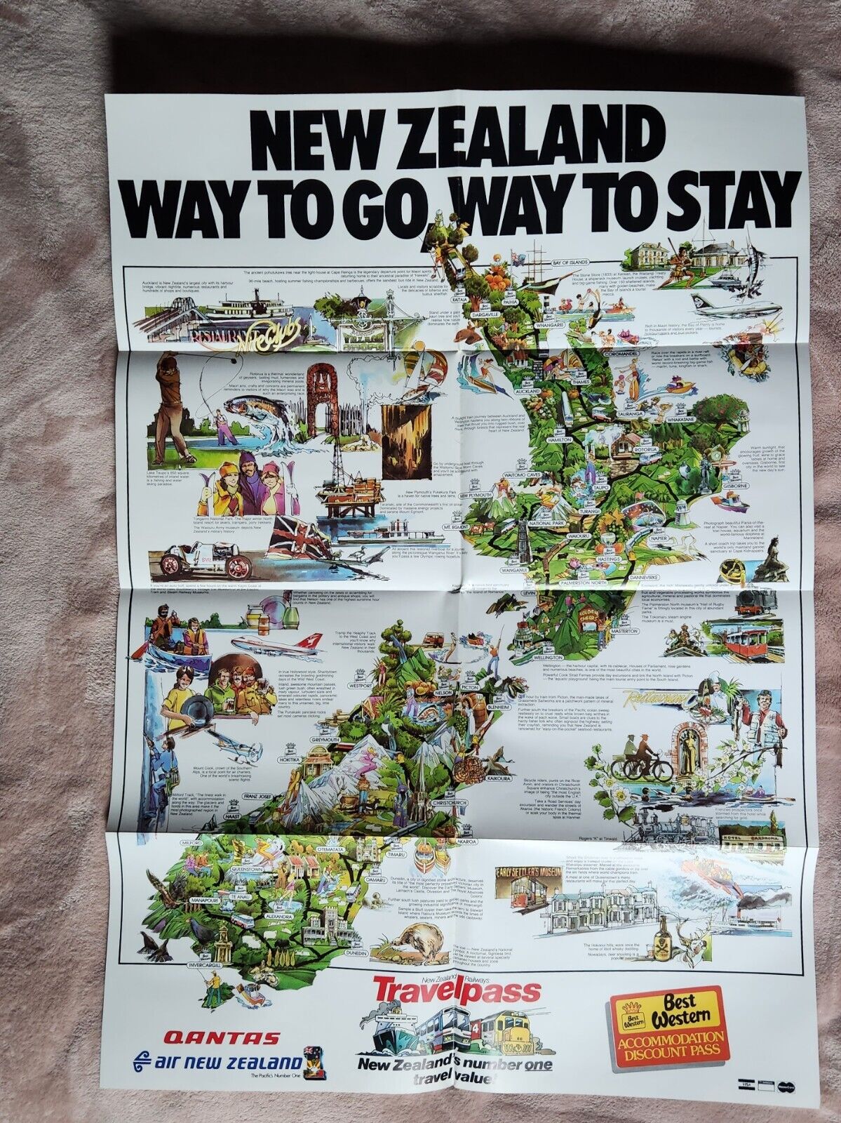 Vtg Qantas/ Air New Zealand Travel Poster Caricature Map