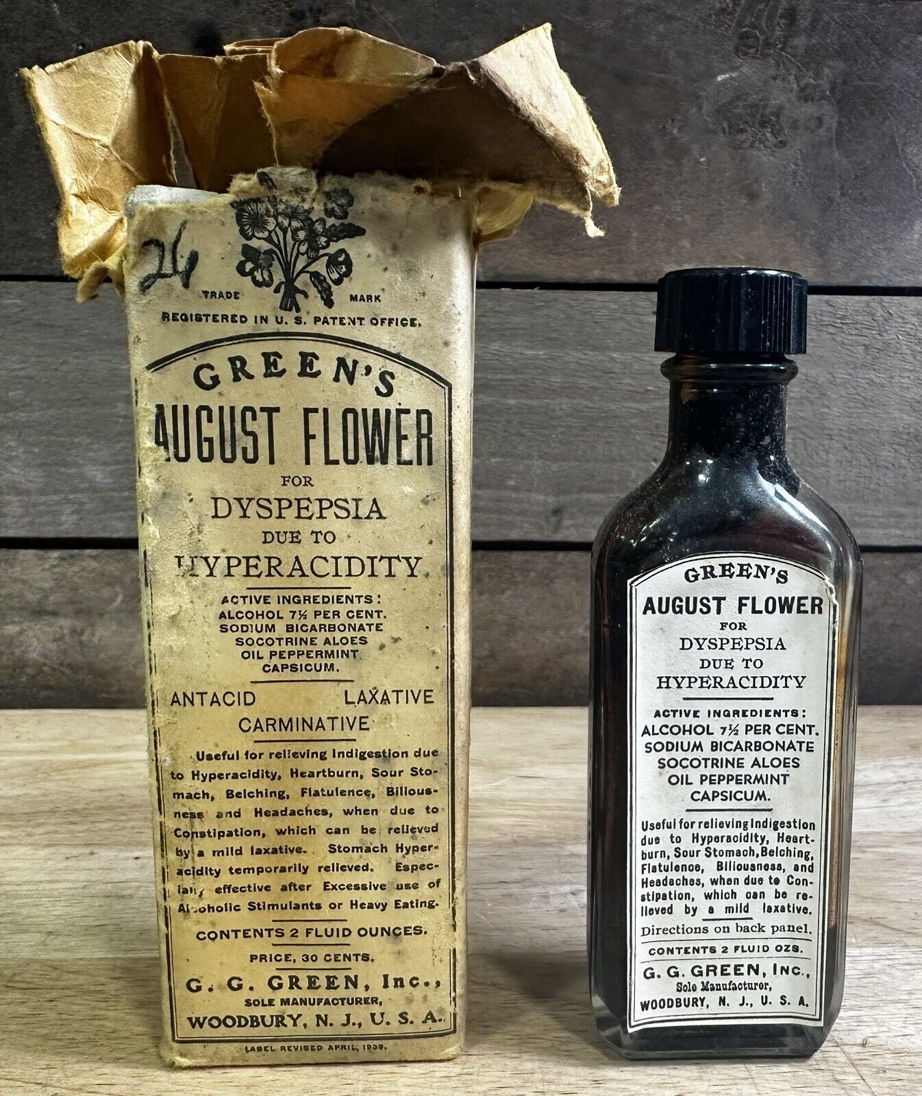 Early 1900s Green\'s August Flower Dyspepsia Medicine Bottle Woodbury, New Jersey